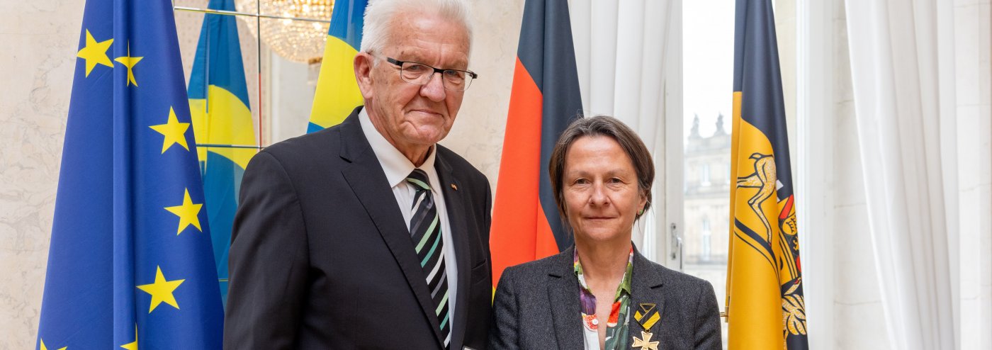 Prof. Almut Arneth (right) with Winfried Kretschmann, Minister President of Baden-Wuerttemberg